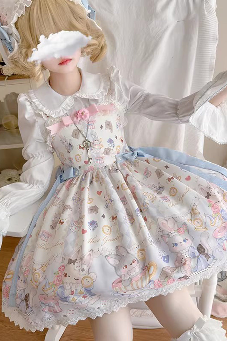 Ivory Sleeveless Print Ruffled Bow Princess Lolita Strap Set