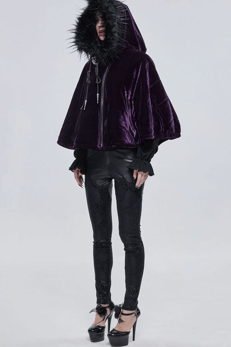 Violet Quilted Velvet Collar Crescent Pendant Zip Women's Wrap