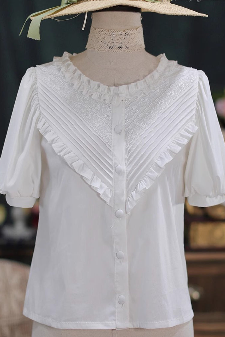 Sweet Lolita Blouse with Lace Collar, Short Sleeves, Waves