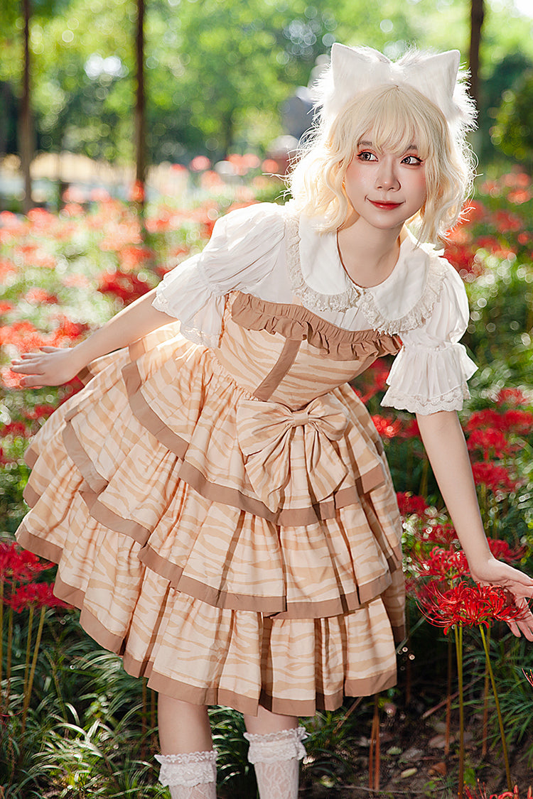Sweet Apricot Triple-Layer Print Ruffle Bow Lolita Dress