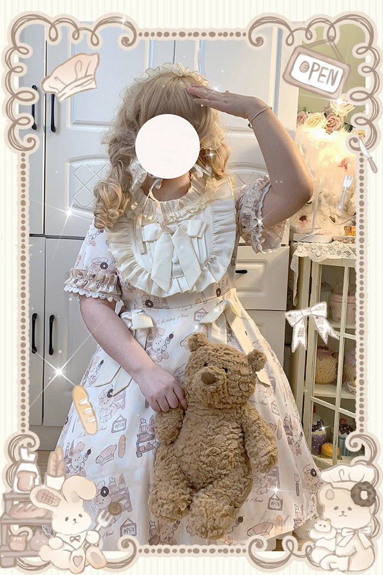 Short Puff Sleeve Print Ruffle Plus Size Princess Lolita Dress Ivory