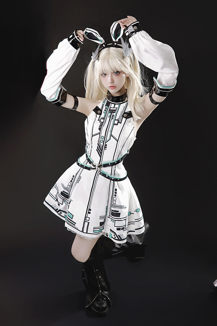 Stand Collar Print Futuristic Style Sweet Handsome Lolita Dress - White