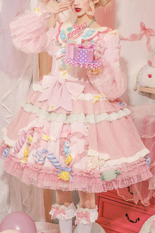 Candy Lace Long-Sleeve Bowknot Tiered JSK