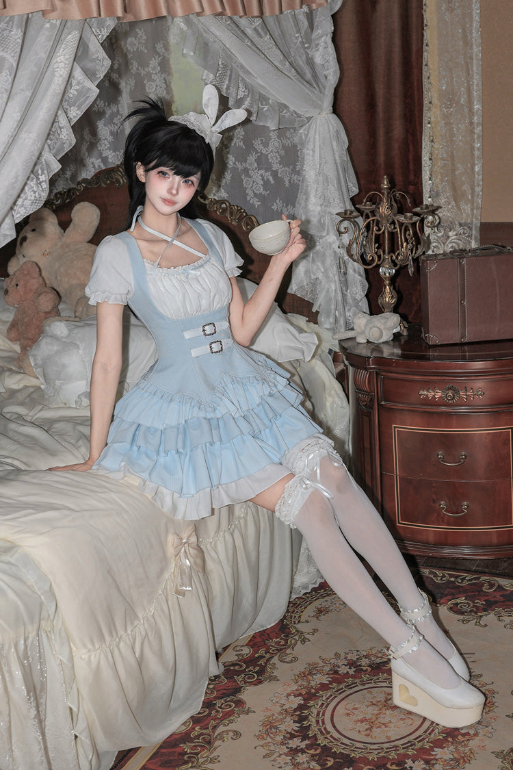 Silent Summer Classic Cool Lolita Dress Set with Halterneck and Ruffles