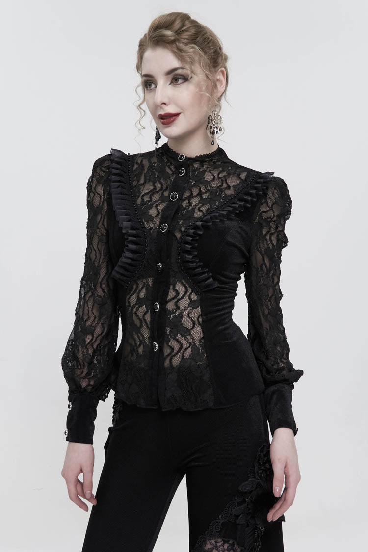 Charcoal Velvet High-Neck Lace Gothic Shirt with Butterfly Embroidery