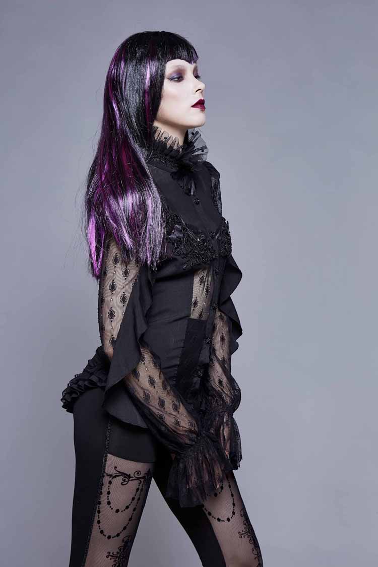 Gothic Blouse with High Collar Beaded Flowers Lace Cuffs Back Lace-Up