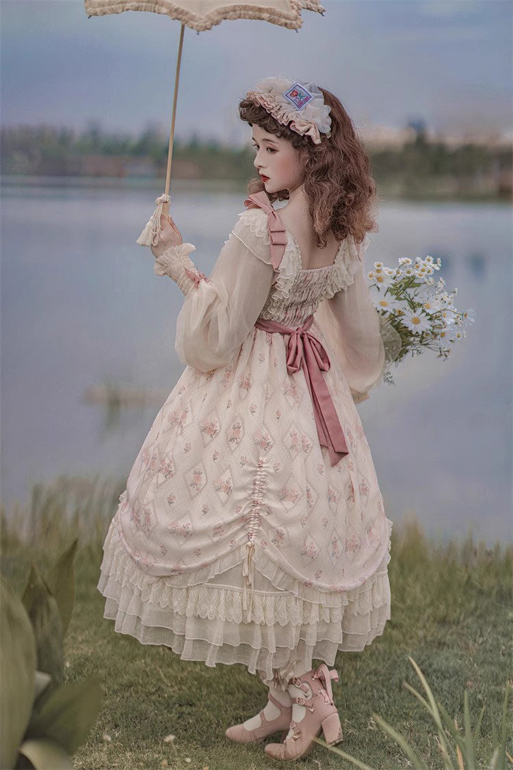 Ivory Letter Print Ruffle Bowknot Casual Elegant Lolita Dress