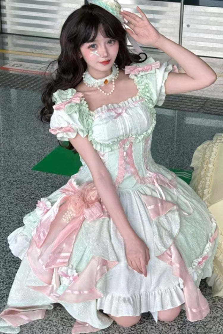 Square Collar Ruffle Cardigan Bowknot Lace Elegant Skirt Set - Spring Overture