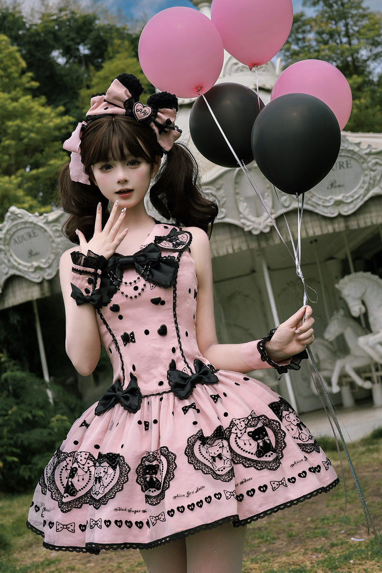 Pink Halterneck Sleeveless Embroidered Bow Sweet Dress - Sugar Bear