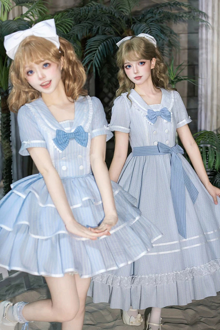 Sweet Lolita Dress with Printed Ruffled Bow and Navy Collar - Blue
