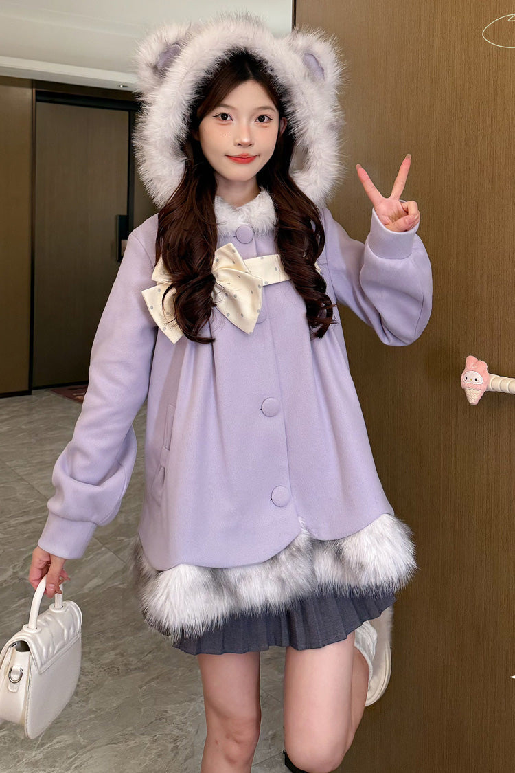 Amethyst Long-Sleeve Fur-Trim Polka-Dot Hooded Coat