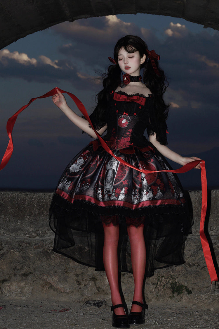 Red Printed Embroidered Gothic Lolita Skirt Dress
