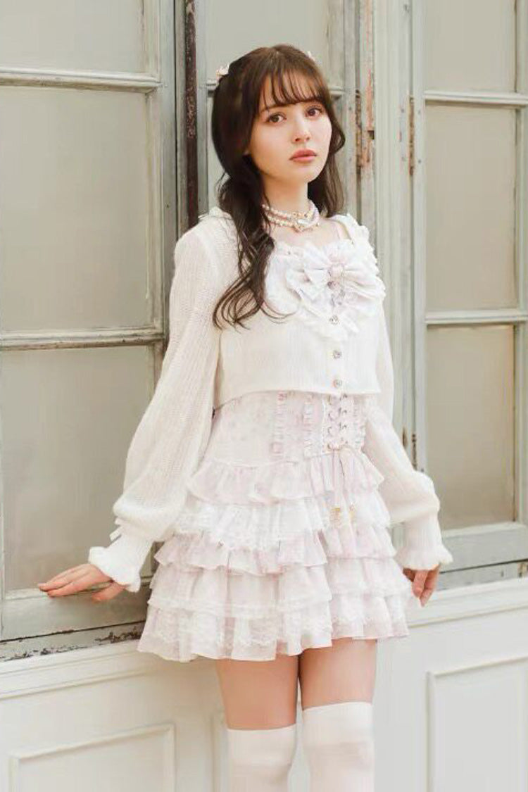 Multi Layered Ruffled Bow Print Long Sleeve Jirai Dress in Three Shades
