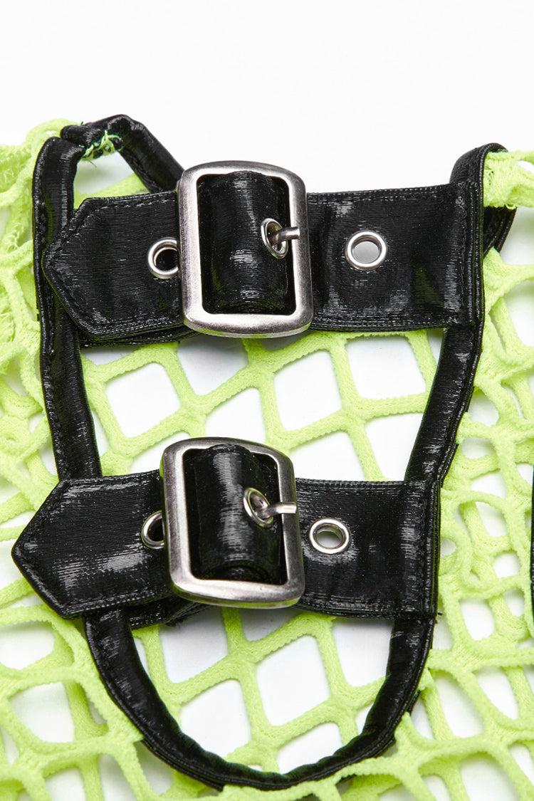 Emerald Punk T-Shirt with Hollow Shoulder and Coarse Mesh Details