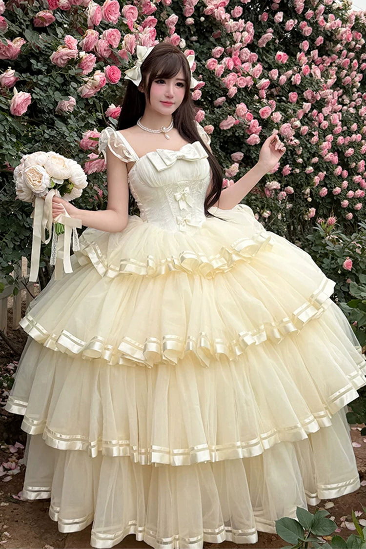 Organza Satin Sleeveless Layered Ruffled Bow Lace Sweet Lolita JSK - Apricot