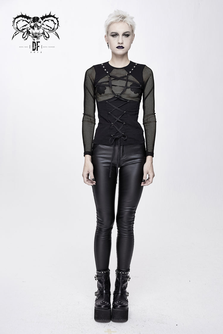 Punk T-Shirt with Pentagram Lace-Up Mesh Chest Perspective