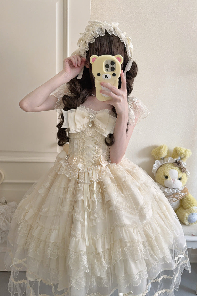 Elegant Apricot Sleeveless Tiered Ruffle Lace-Up Bow Sweet Lolita JSK Gown
