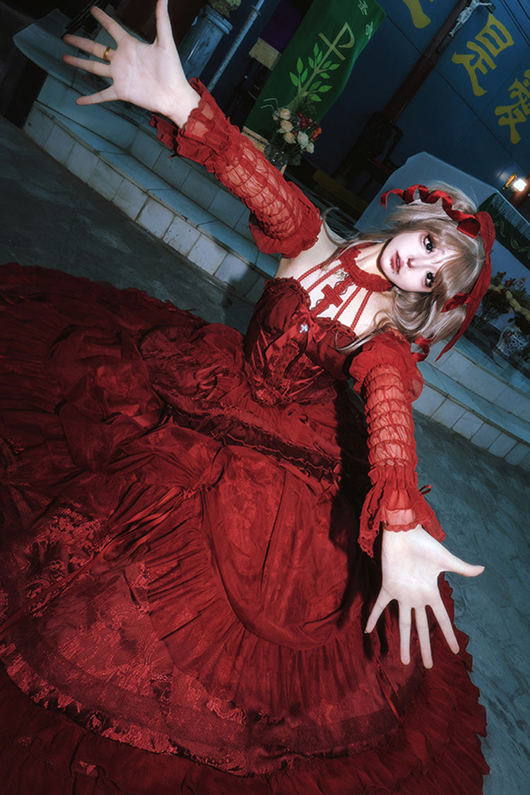 Wine Red Cross Halterneck Lace-Up Gothic Lolita Dress - Princess Ruffled