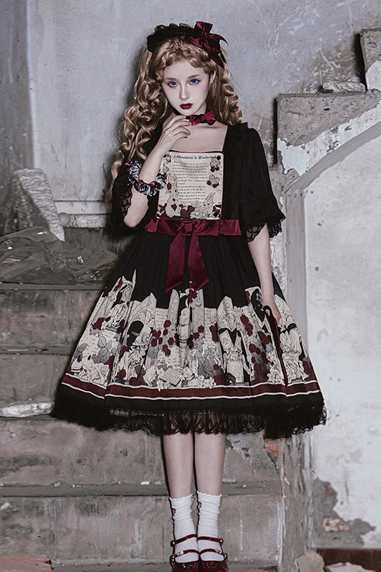Black Print Bow Lace Gothic Lolita Dress - Two Versions