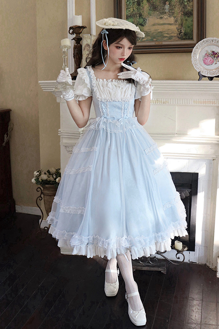 Light Blue Sweet Dress Set with Square Collar and Ruffles