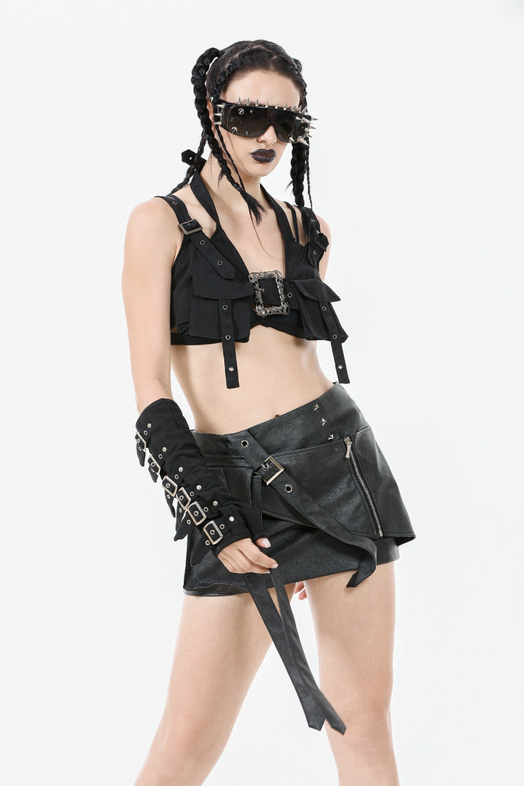 Functional Black Buckled Halter Punk Utility Vest
