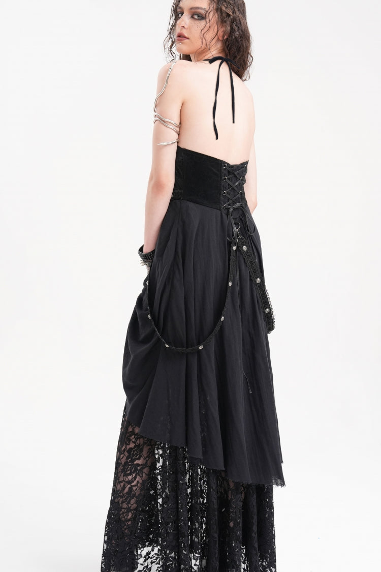 Alluring Black Hollow Lace Halter Gothic Strap Maxi Gown