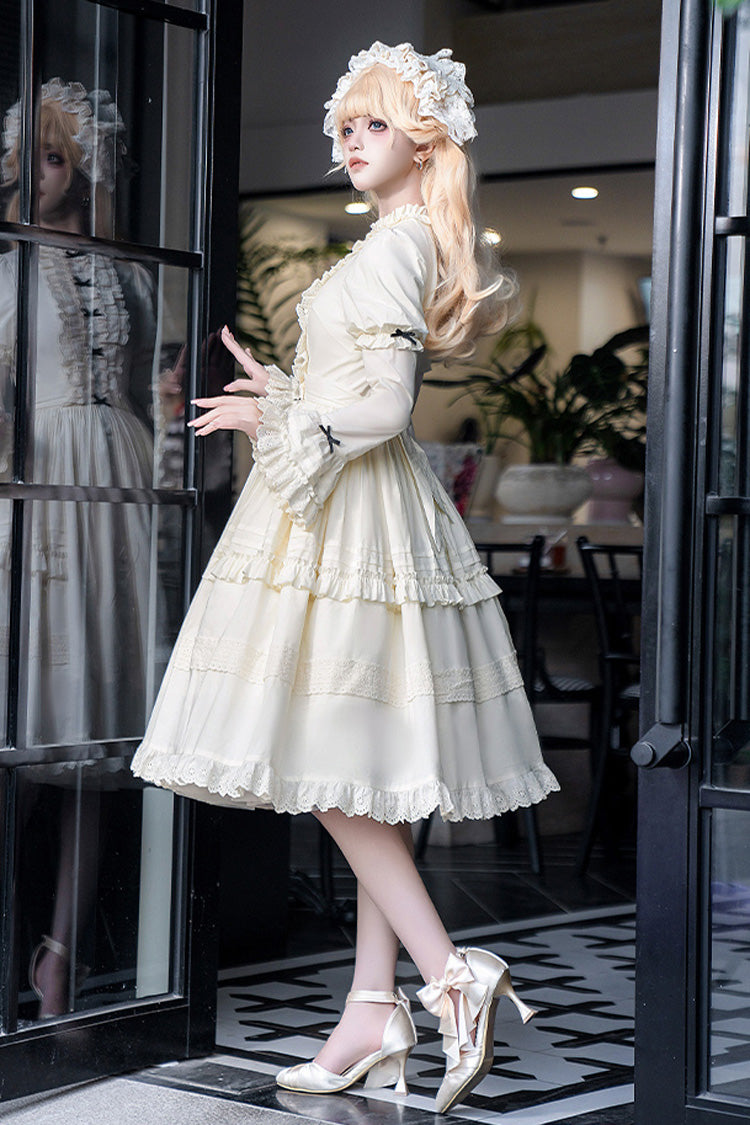 Cream Birch Appointment Stand Collar Long Puff Sleeve Frilled Bow Sweet Lolita Dress