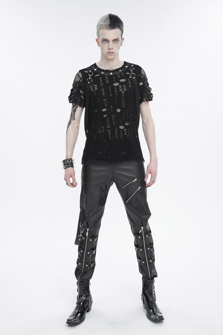 Punk T-Shirt for Men with Half Hollow Shoulder Tie Accent