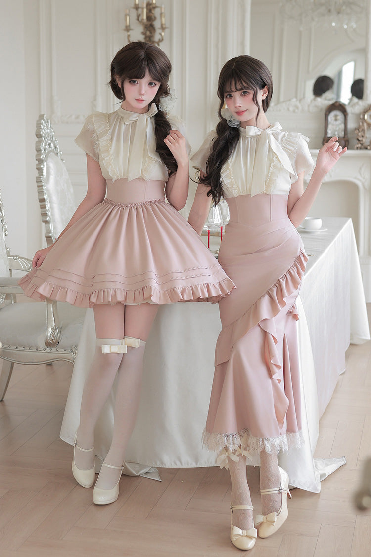 Blush & White Round Collar Short-Sleeve Ruffled Bow Lace Color-Blocked Boned Sweet Lolita Dress