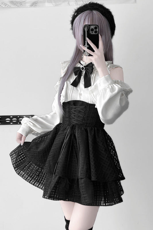 Black Blackberry Rite Lace Bow Lace-Up Jirai Kei Skirt