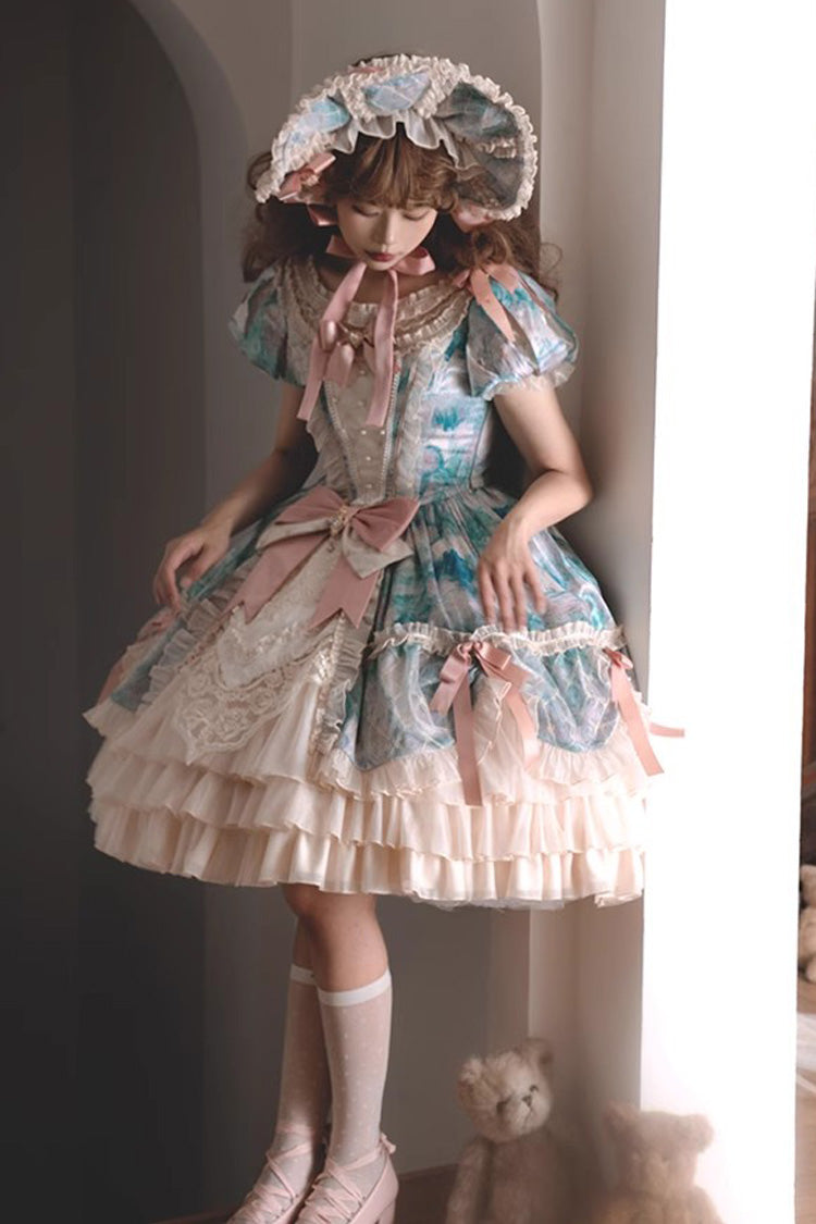 Angel Heart Sky Oil Painting Printed Bow Cardigan Sweet Lolita Dress - Multi-Color