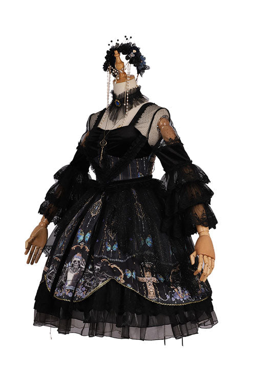 Black Skull Print OP Dress with Lantern Sleeves