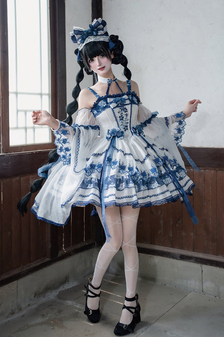 Chinese Inspired Lolita Dress with Off Shoulder and Embroidery - Misty Qingdai, 2 Shades