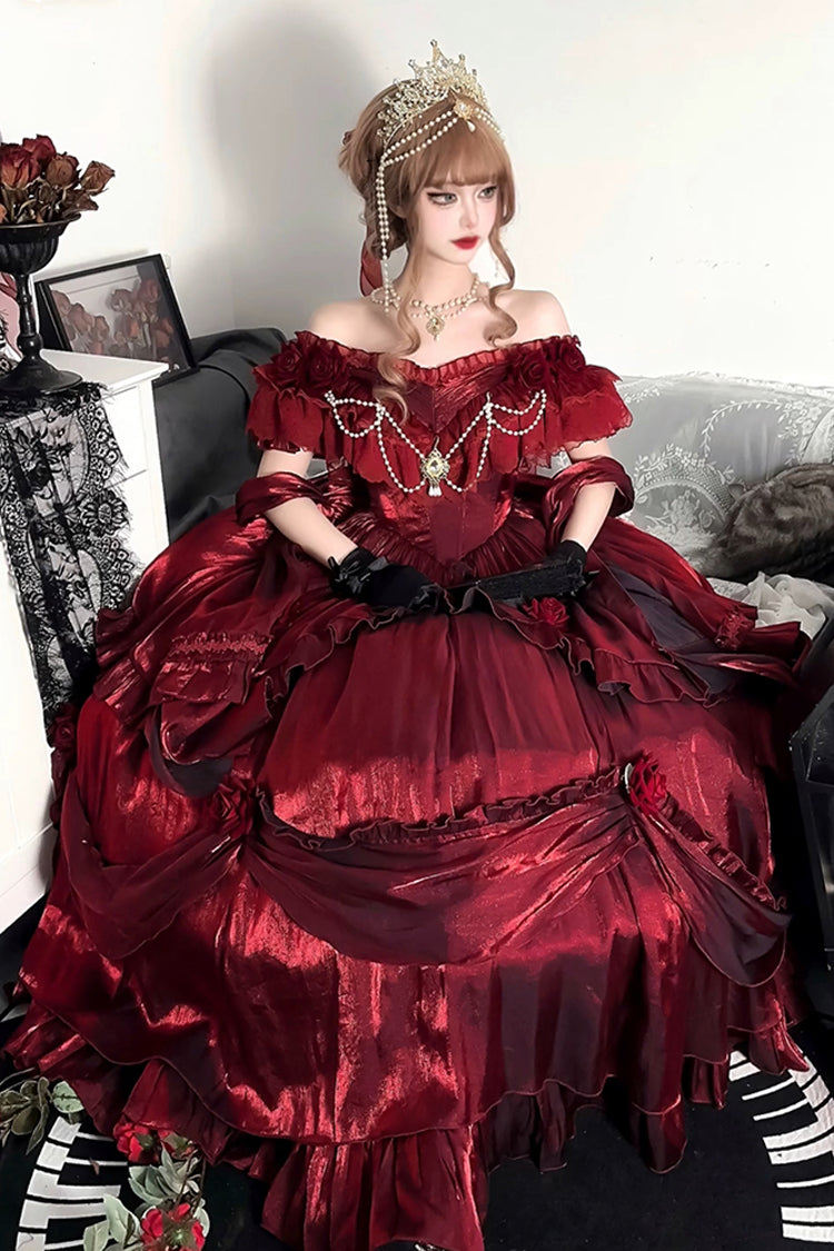 Red Rose-Printed Gothic Strapless Dress with Long Sleeves