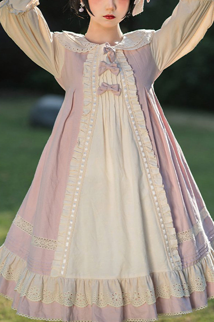 Retro Sweet Lolita OP Dress Doll Collar Long Sleeved Ruffled Cotton - Altfashion Shop