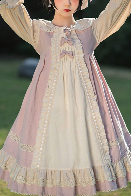 Retro Sweet Lolita OP Dress Doll Collar Long Sleeved Ruffled Cotton - Altfashion Shop