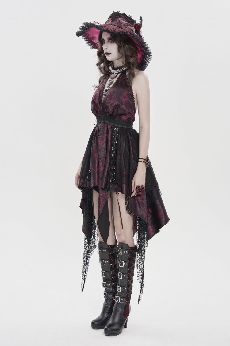 Off Shoulder Sleeveless Multi-Layered Printed Lace Irregular Tassels Gothic Dress