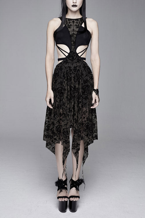 Semilucent Queen Cross Flocked Mesh Sleeveless Gothic Dress