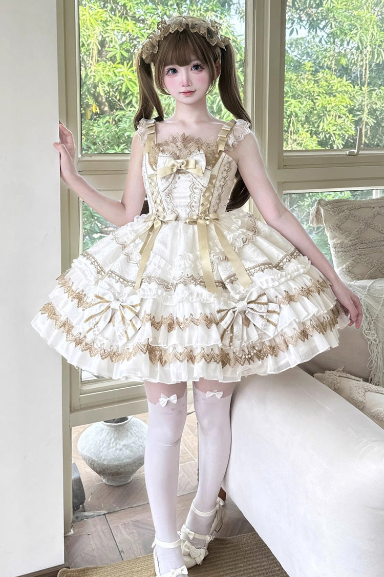 Ivory Sleeveless Double Ruffle Hot Stamping Bow Lace JSK