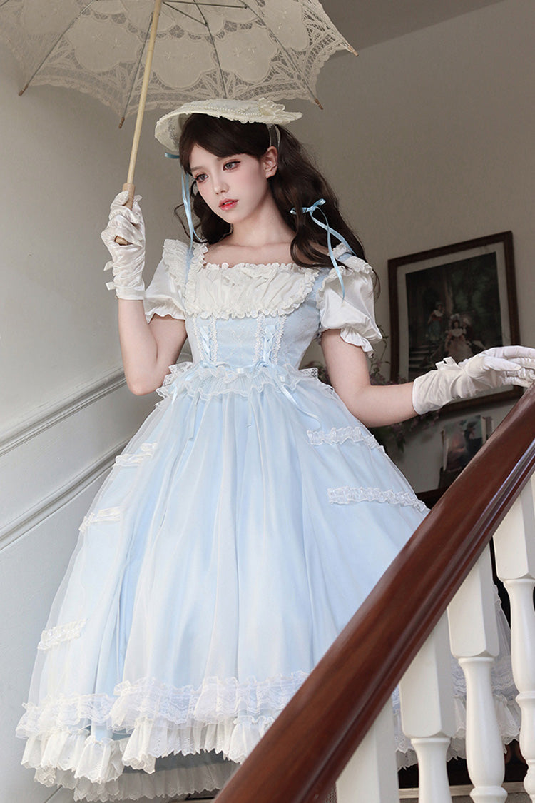 Light Blue Sweet Dress Set with Square Collar and Ruffles