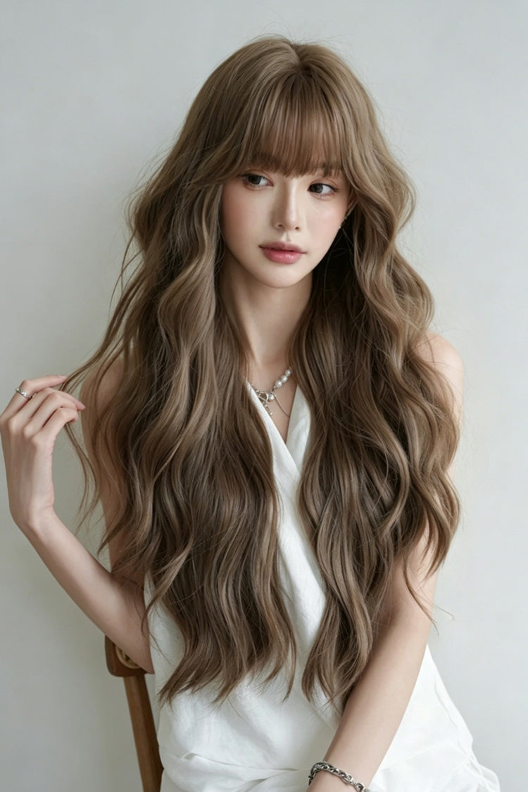 Korean Fluffy Air Bangs Romantic Long Wavy Daily Sweet Lolita Wig, Two Tones