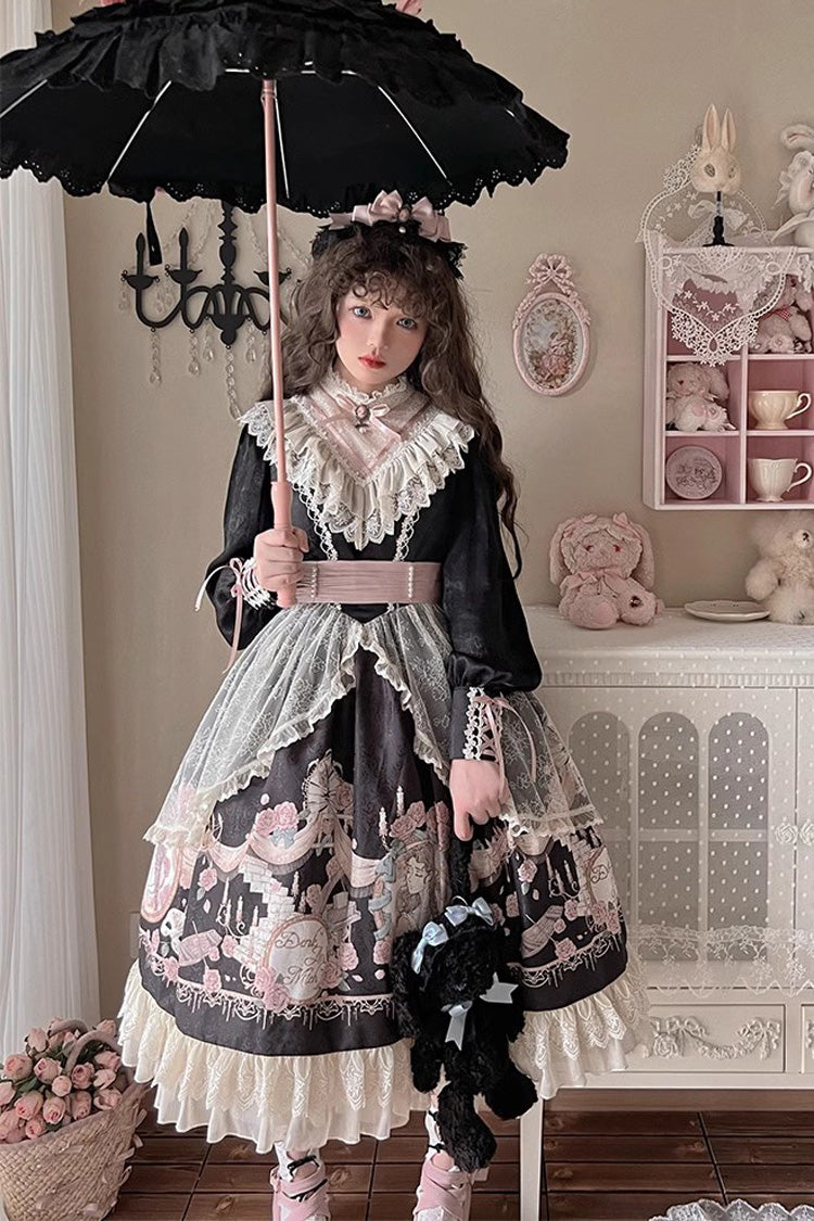 Dark Rose Prologue Print Long-Sleeve Ruffle Sweet Elegant Lolita Dress