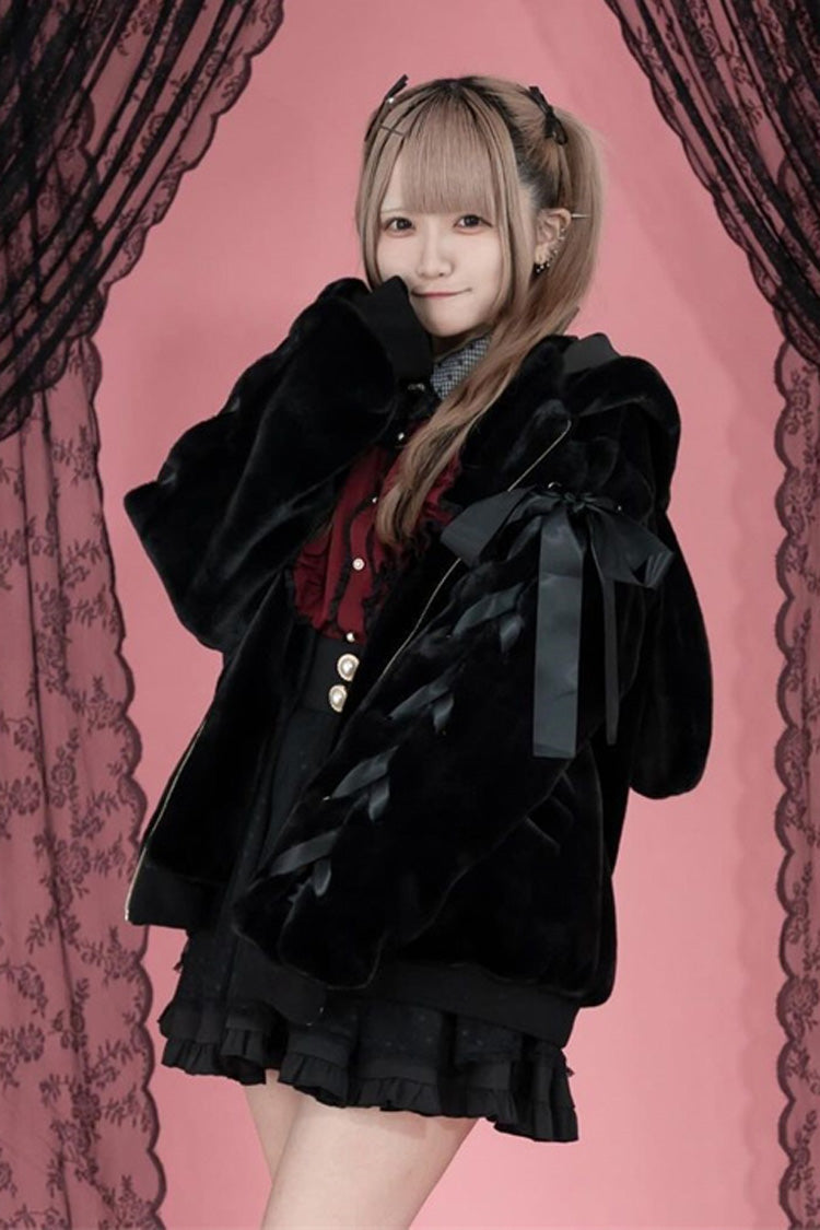 Black Rabbit Ears Bowknot Lace-Up Hooded Jirai Kei Coat