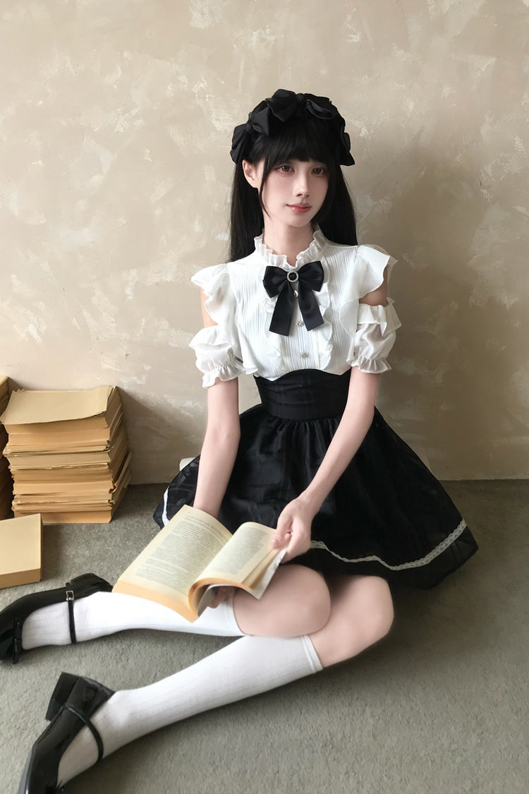 Moonlit Poem Stand Collar Off Shoulder Short Sleeves High Waisted Ruffled Bow Lace Sweet Princess Lolita Dress - Black/White