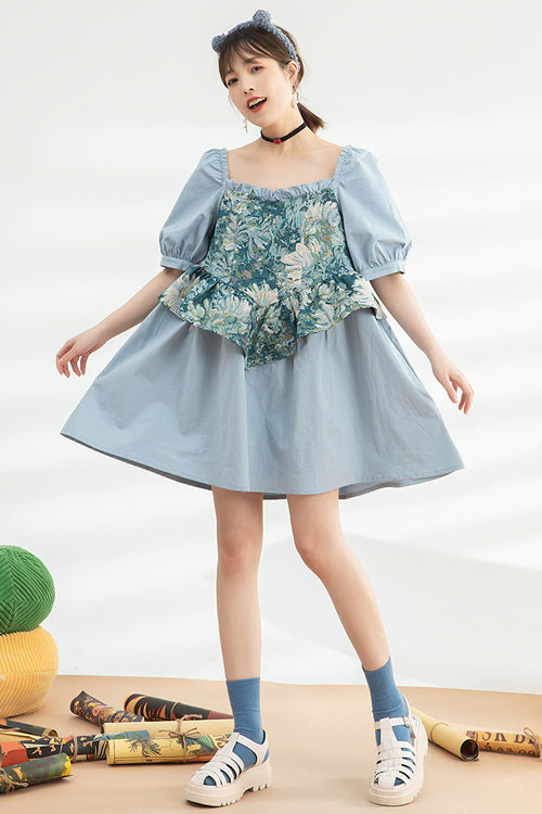 Azure Oil-Painting Patchwork Sweet Dress with Ruffled Sleeves