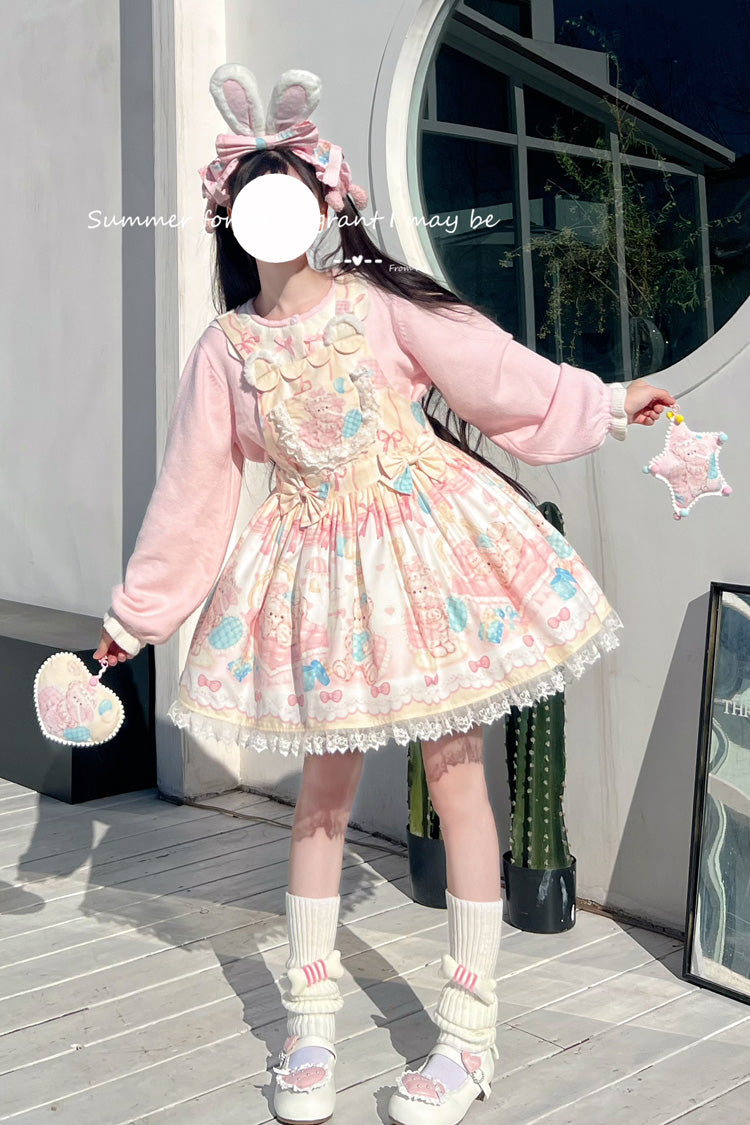 Kawaii Bears Printed Yellow Bow Stitching Lace Sweet Lolita Strap Dress - Miss Brown