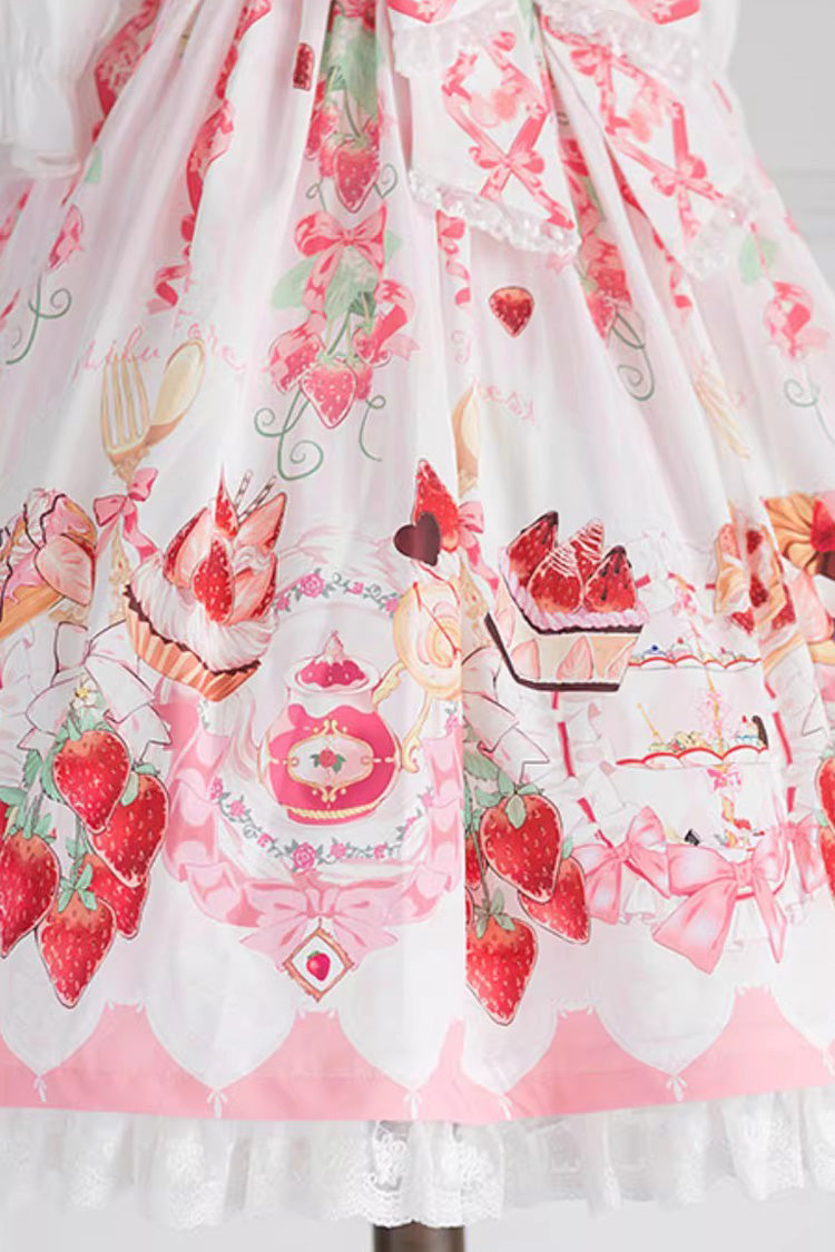 Short-Sleeve Ruffled Bow Sweet Dress with Print - Strawberry Feast