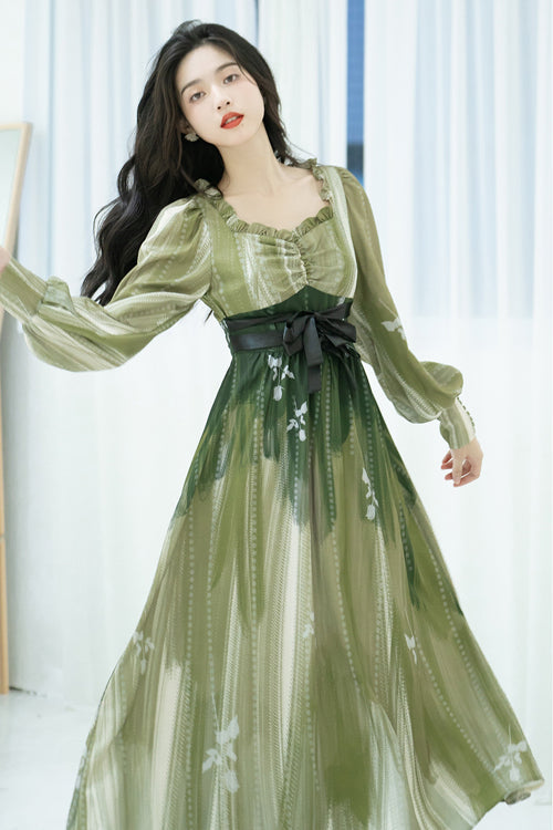 Emerald French Art Square Neck Long-Sleeve High-Rise Sweet OP