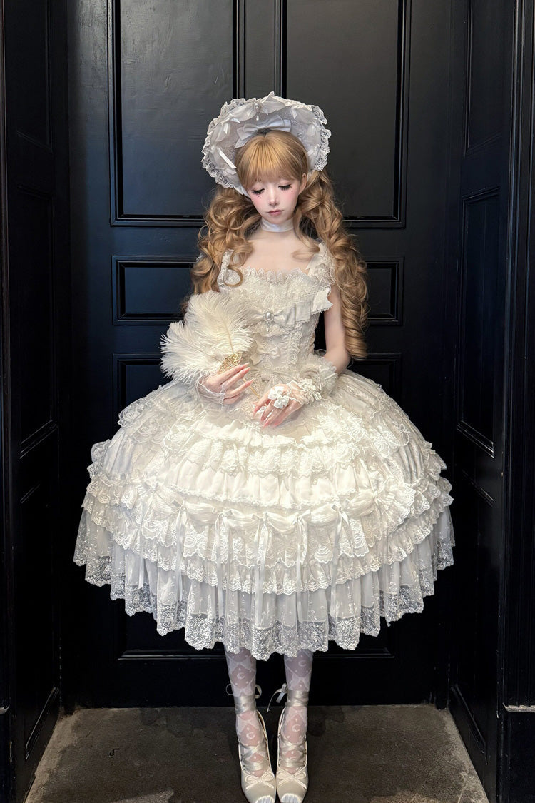 Ivory Square Collar Sleeveless Multi Bridal Embroidered Bow Lace JSK