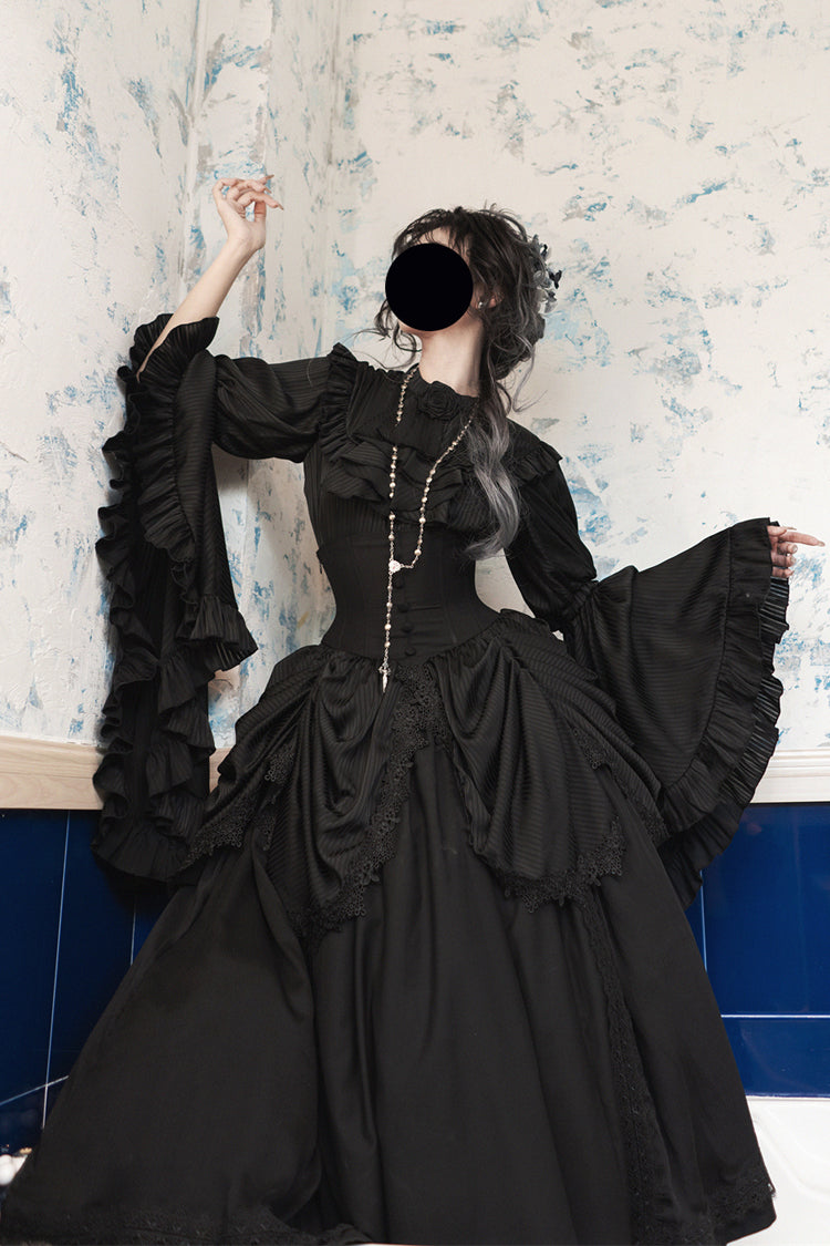 Black Sleepwalking Long Hime Sleeves Stitching Lace Plus Size Elegant Gothic Skirt Set